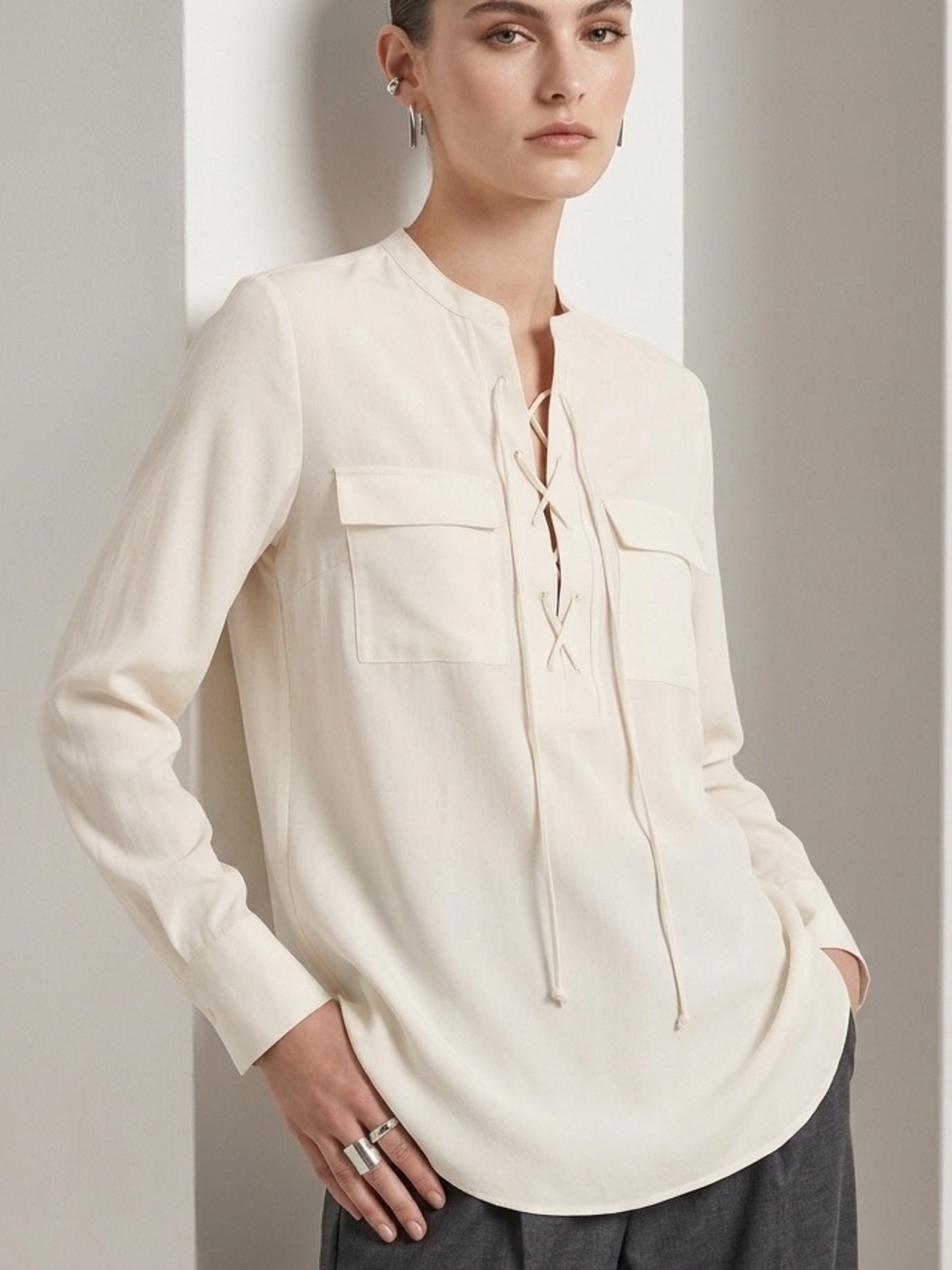 AnnTaylor Laced Long Sleeve Blouse Cream S NWOT - Picture 2 of 6